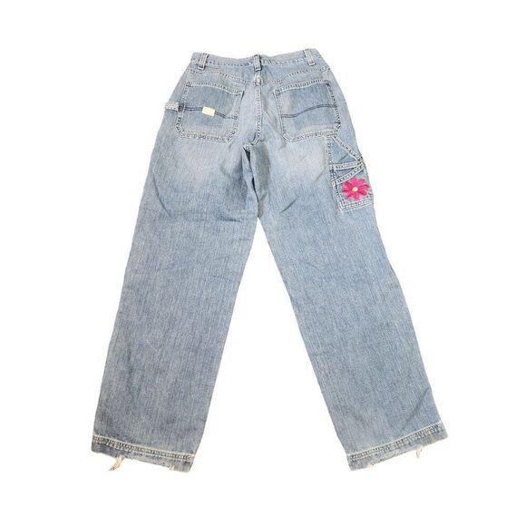 Vintage 90s Old Navy Wide Leg Painters Jeans Pink Daisy Applique Womens 32 Blue - Picture 3 of 6